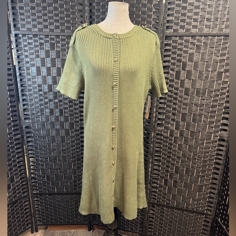 French Connection Olive Green Button-Down Midi Dress w gold buttons. Sz XL